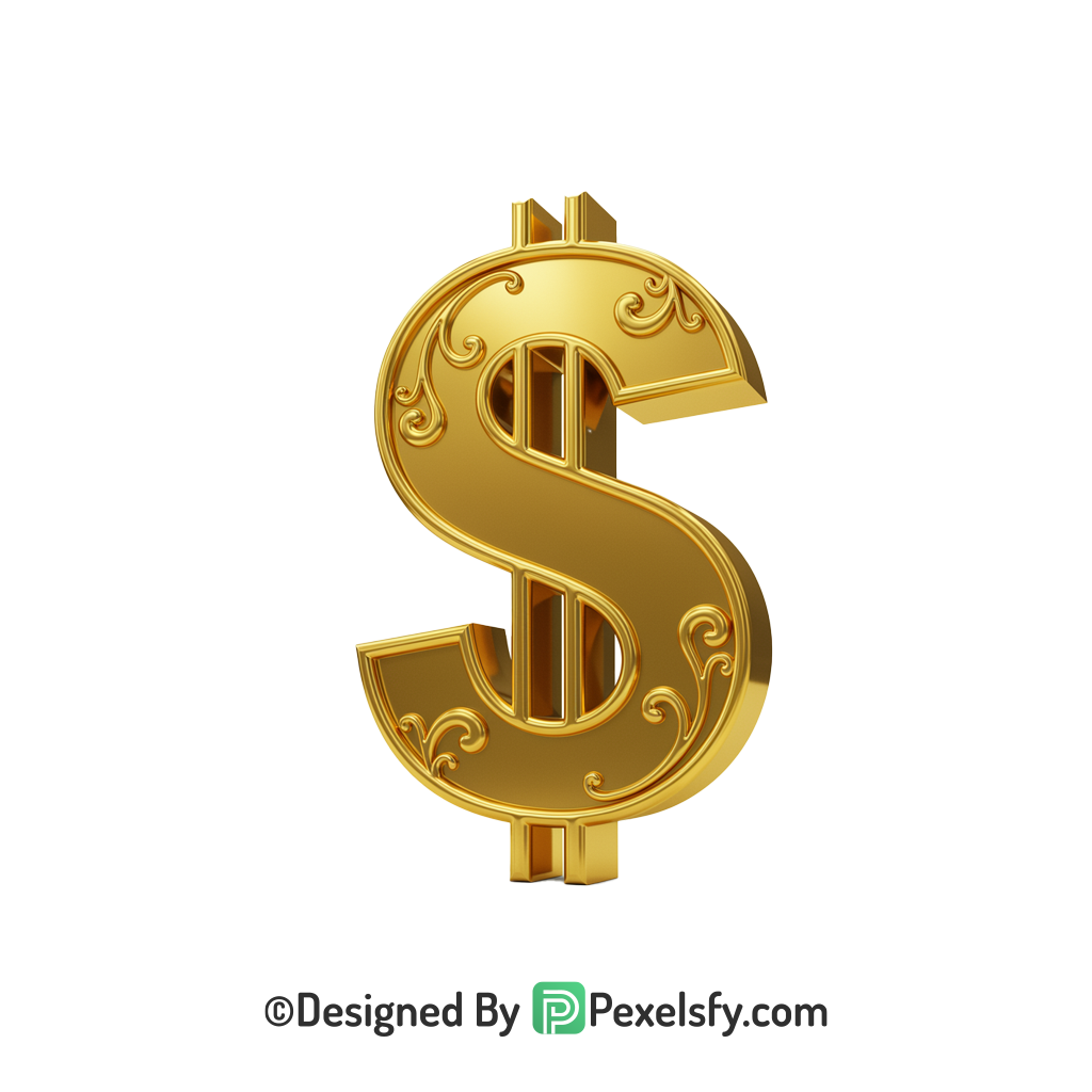 3D Golden Dollar Sign PNG Printable, gold