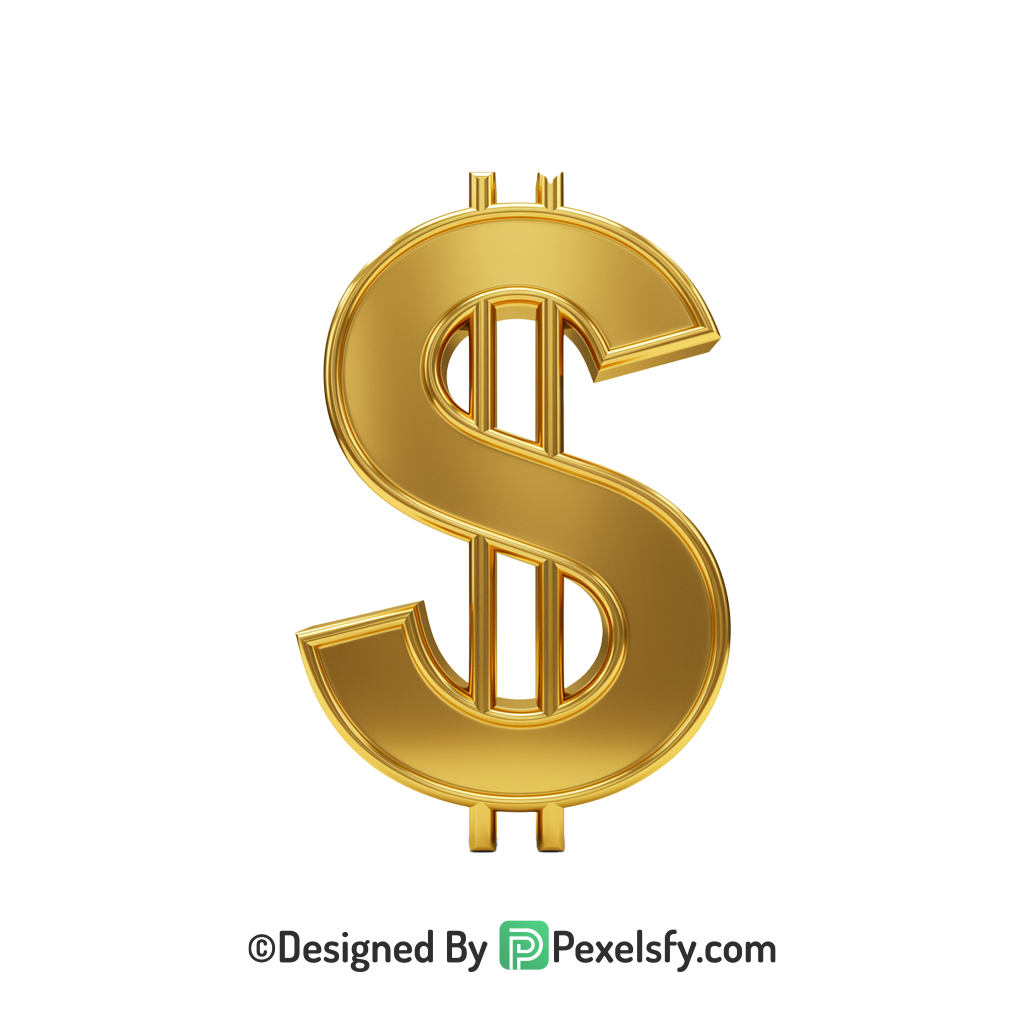 3D Golden Dollar Sign PNG Render, gold