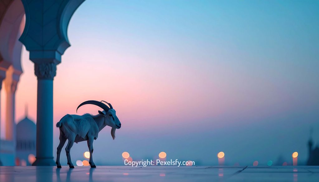 Scenic Mosque with Eid al-Adha Flags