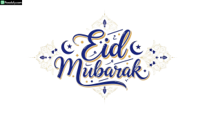 Eid Mubarak calligraphy with crescent moon and stars isolated on transparent background