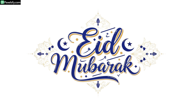 Eid Mubarak calligraphy with crescent moon and stars isolated on transparent background