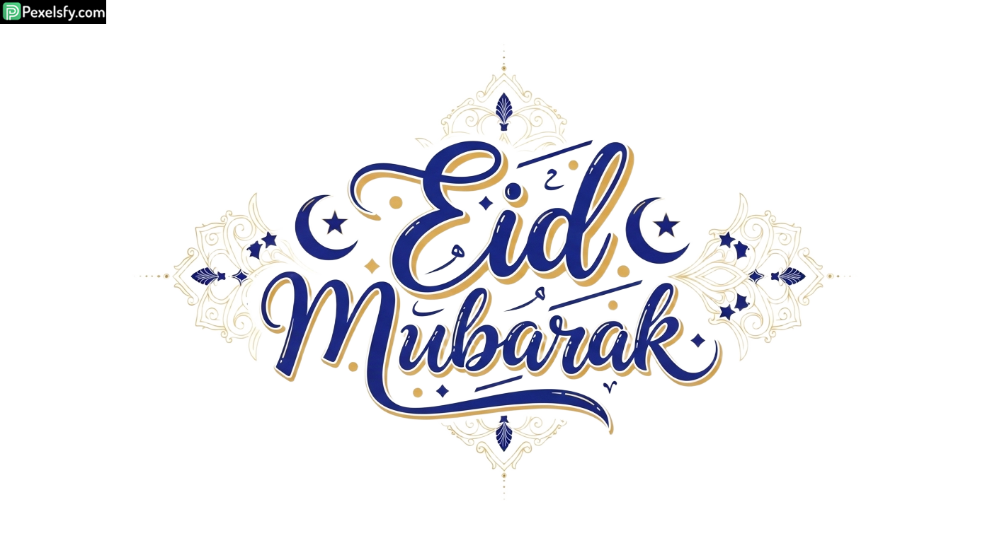Eid Mubarak calligraphy with crescent moon and stars isolated on transparent background