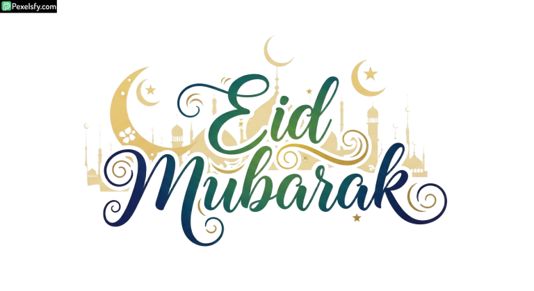 Eid Mubarak calligraphy with crescent moons and mosques isolated on transparent background