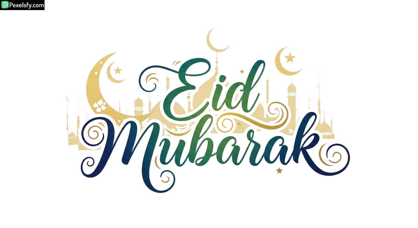 Eid Mubarak calligraphy with crescent moons and mosques isolated on transparent background