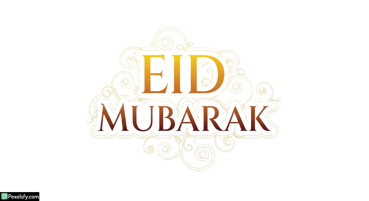 Eid Mubarak calligraphy with golden swirls isolated on transparent background