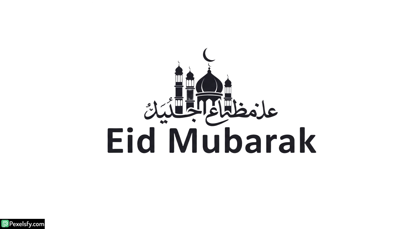 Eid Mubarak greeting with mosque silhouette isolated on transparent background