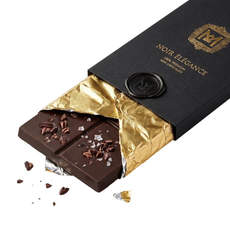 A bar of dark chocolate with a gold foil wrapper.