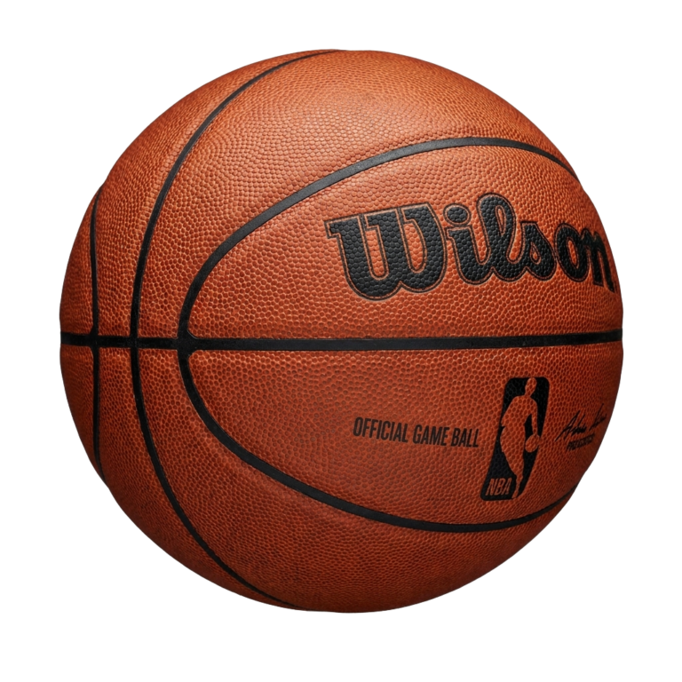 A basketball with the Wilson logo on it.