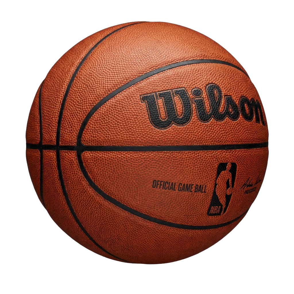 A basketball with the Wilson logo on it.