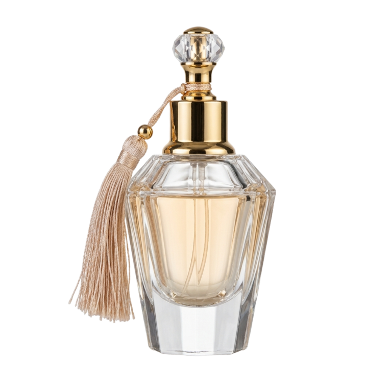 A bottle of perfume with a tassel on top.
