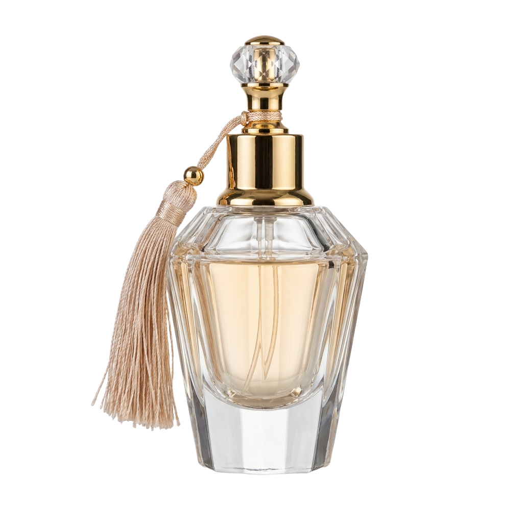 A bottle of perfume with a tassel on top.