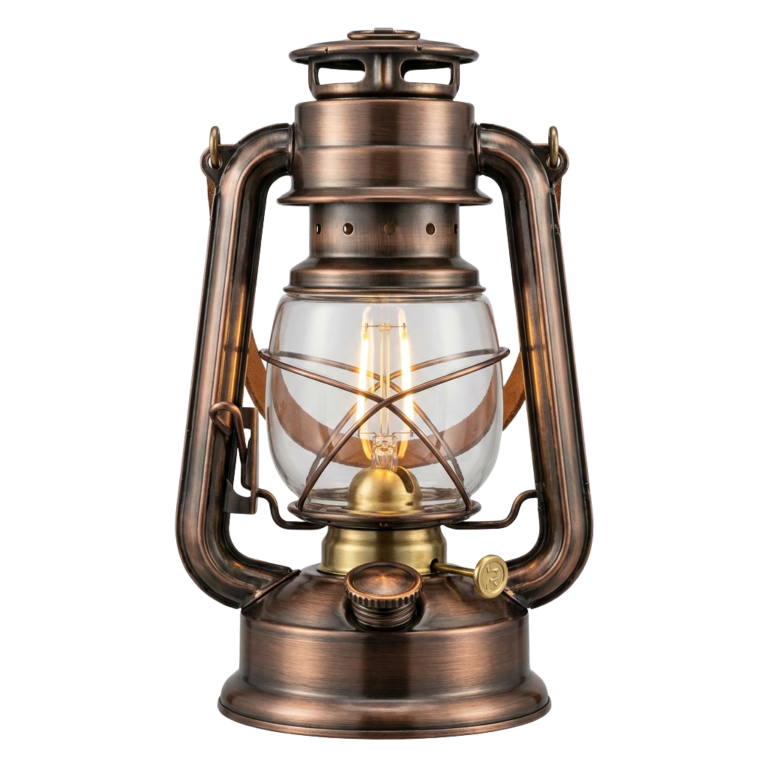 A brass oil lamp with a clear glass shade.