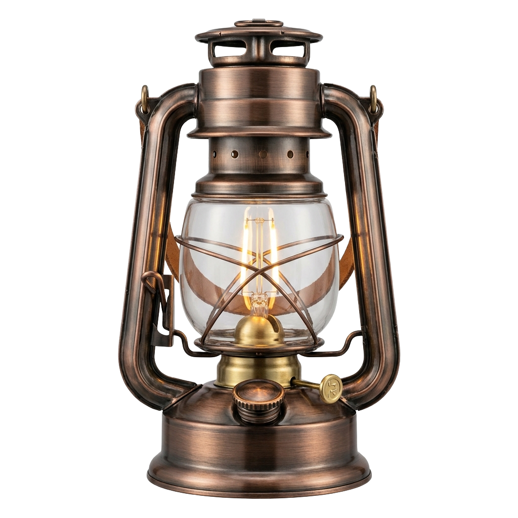 A brass oil lamp with a clear glass shade.