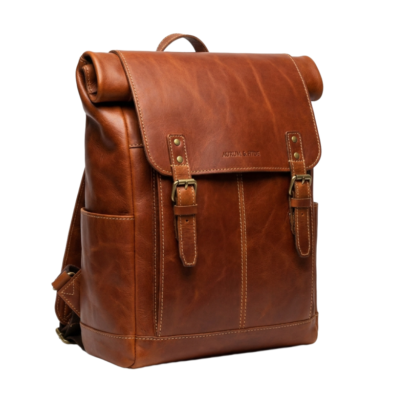 A brown leather backpack PNG transparent background.