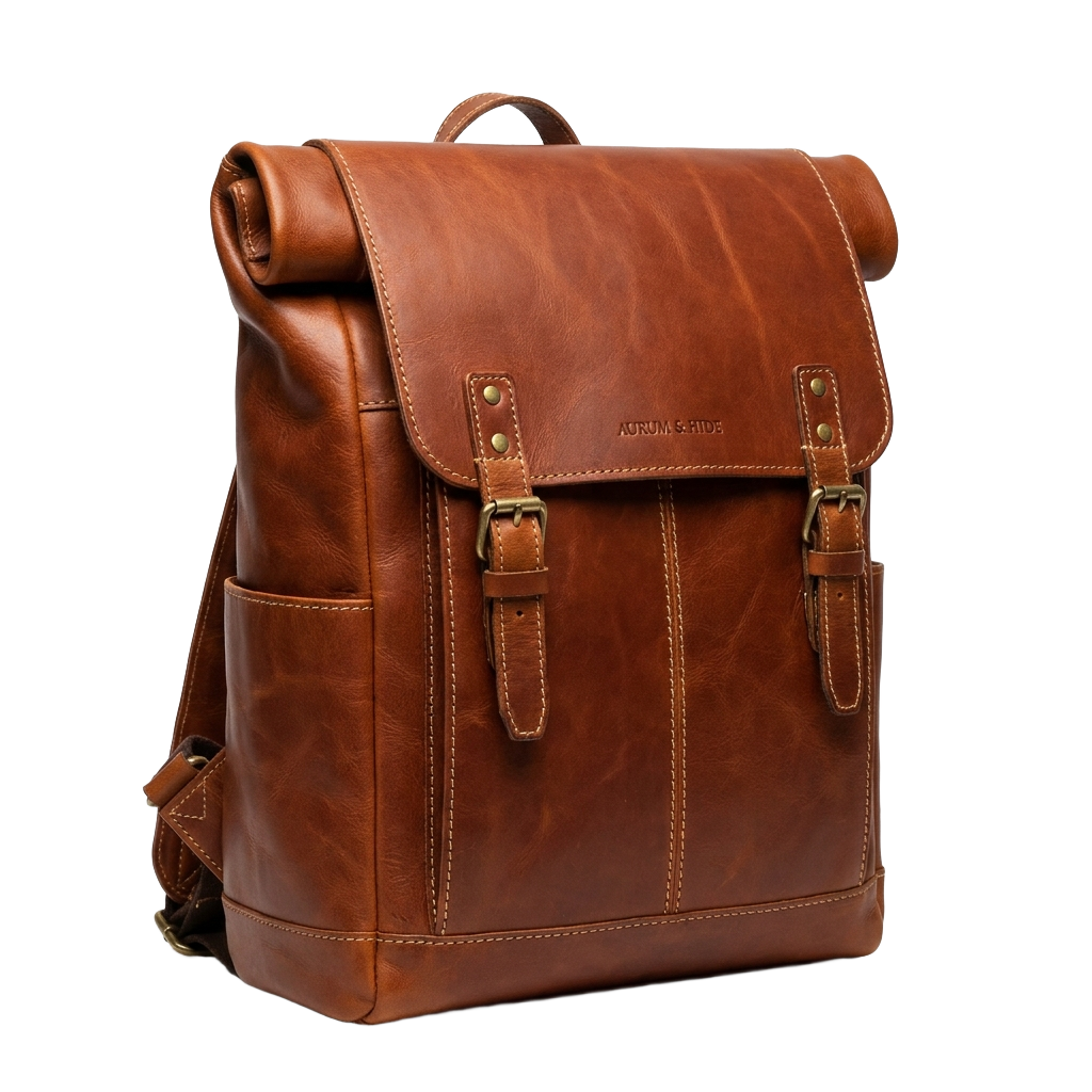 A brown leather backpack PNG transparent background.