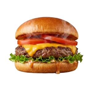 A cheeseburger with lettuce, tomato and cheese on a bun.