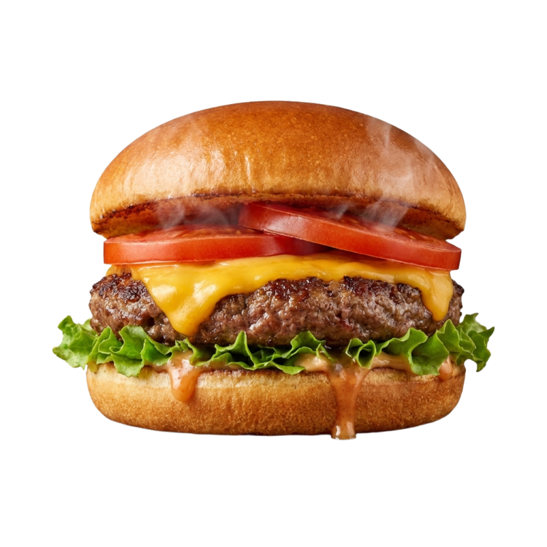 A cheeseburger with lettuce, tomato and cheese on a bun.