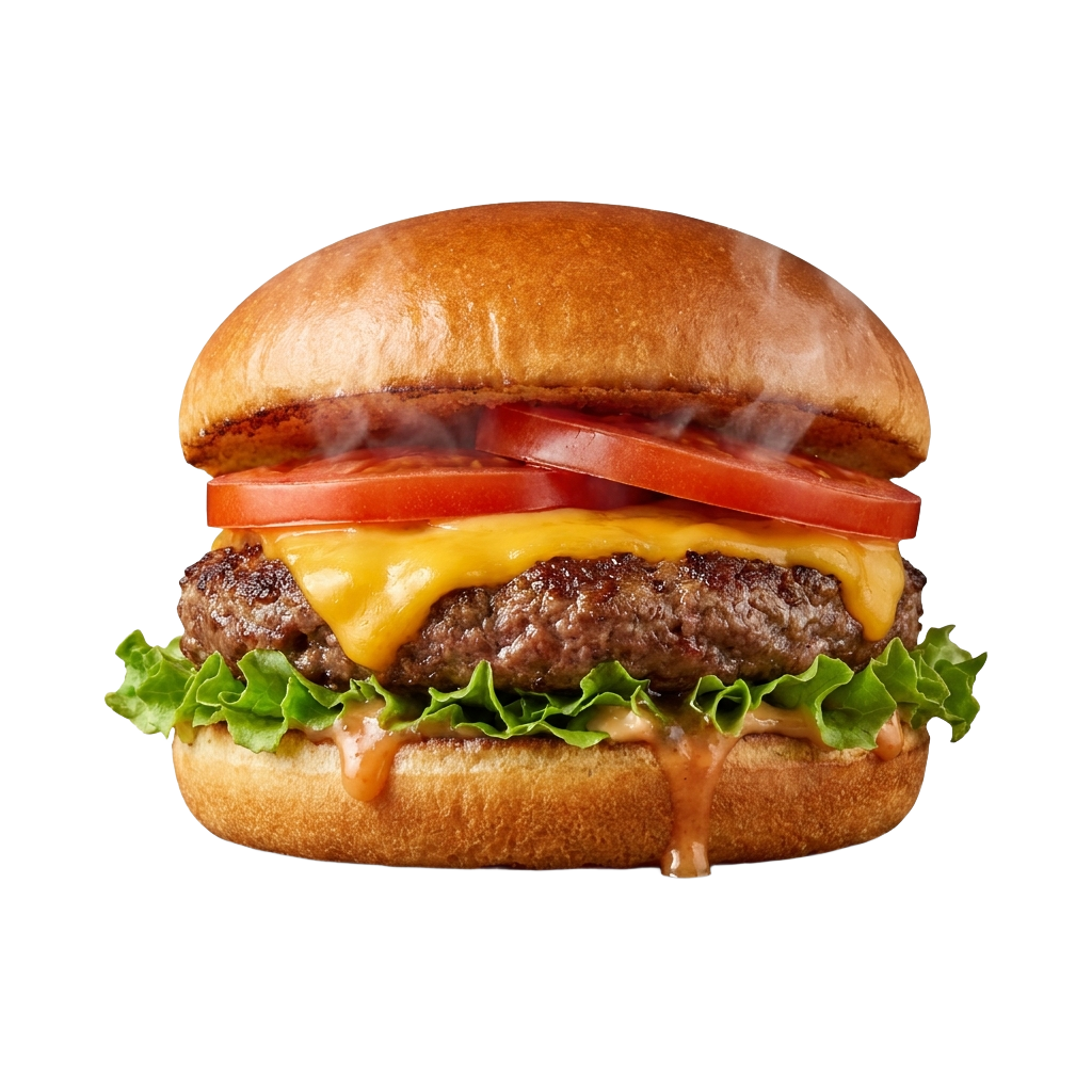 A cheeseburger with lettuce, tomato and cheese on a bun.