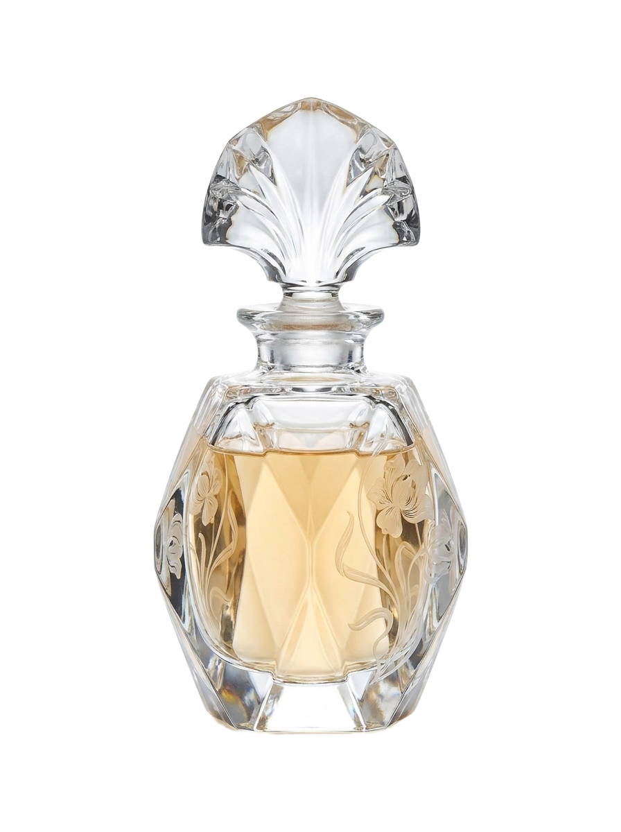A clear glass perfume bottle with a floral design on it.