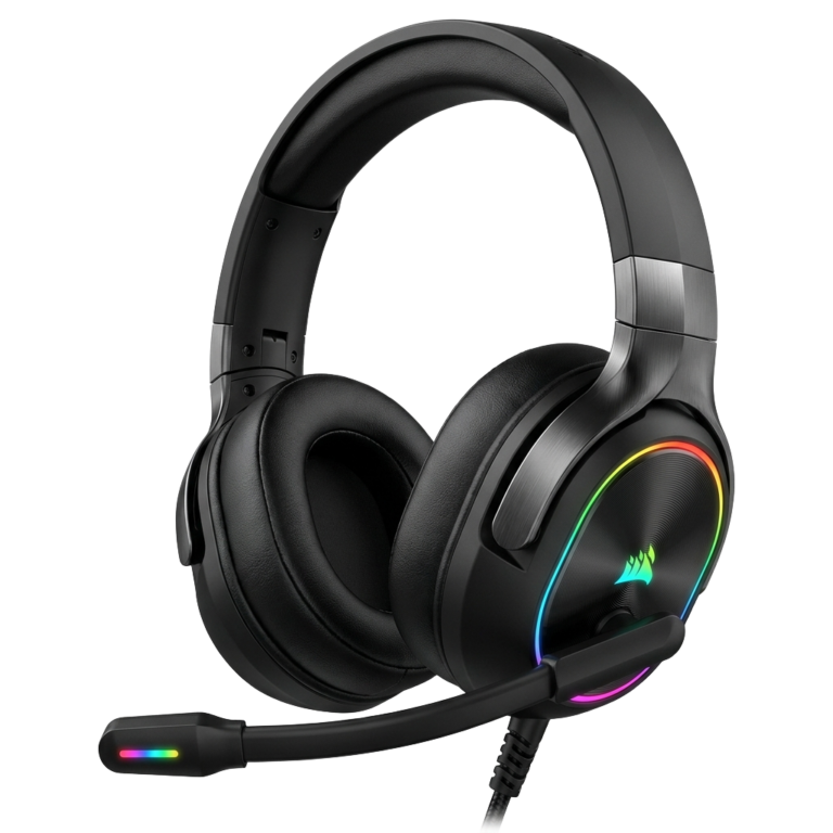 A close up of a gaming headset with a microphone.