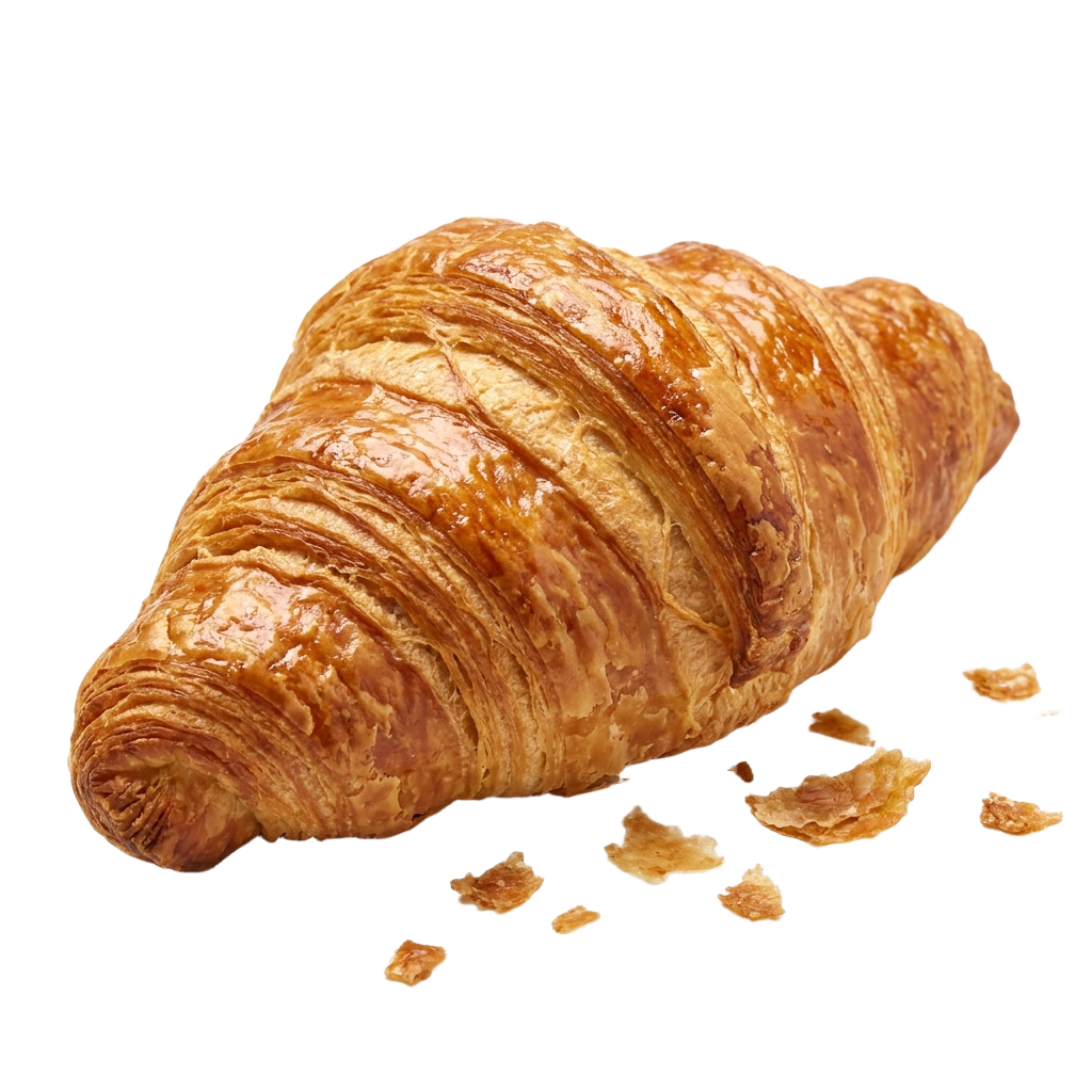 A croissant PNG transparent background with a bite taken out of it.