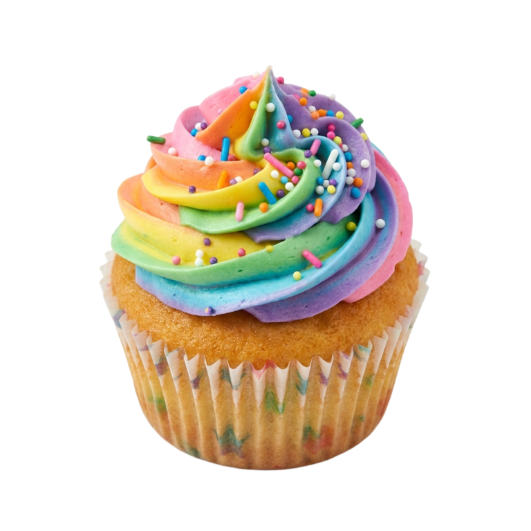 A cupcake with colorful frosting and sprinkles on top.