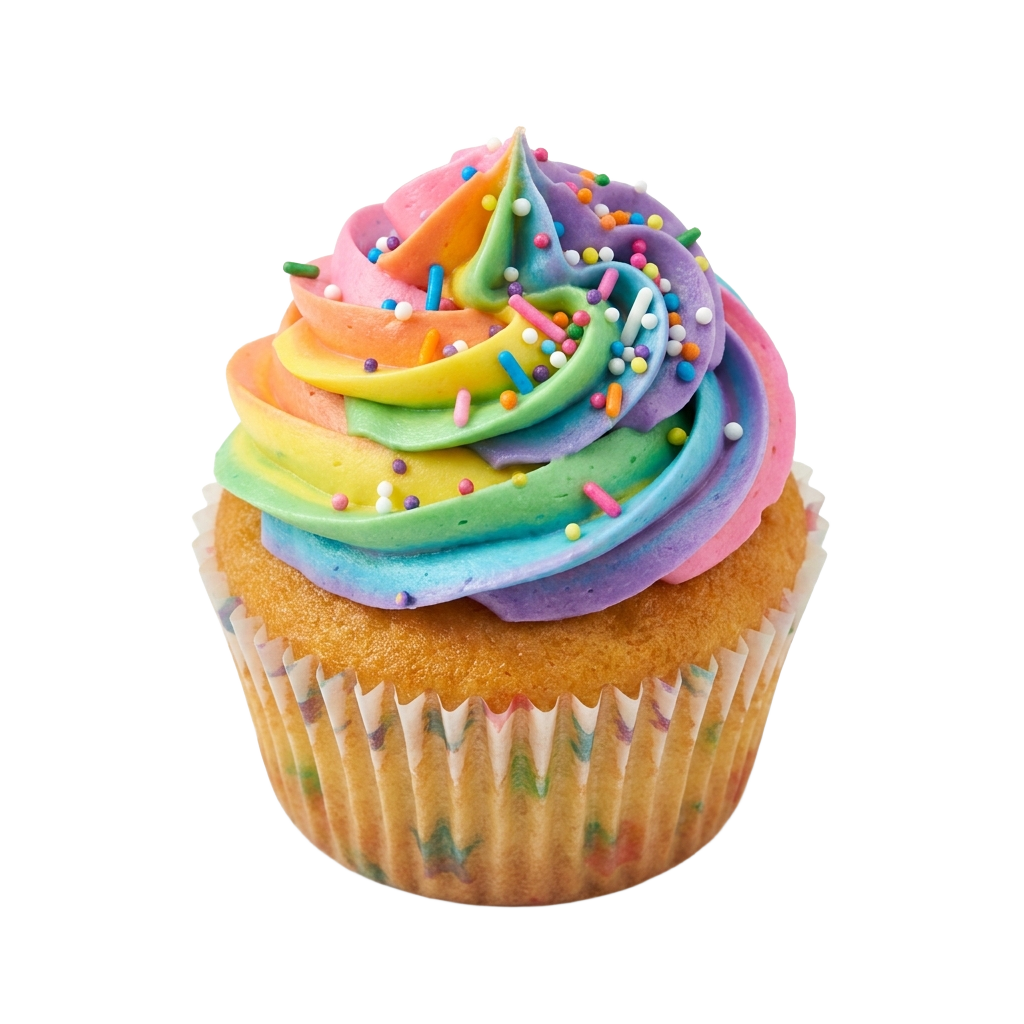A cupcake with colorful frosting and sprinkles on top.