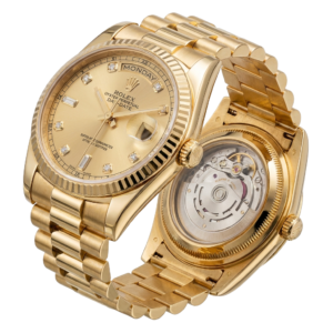 A gold rolex watch with diamonds PNG transparent background.