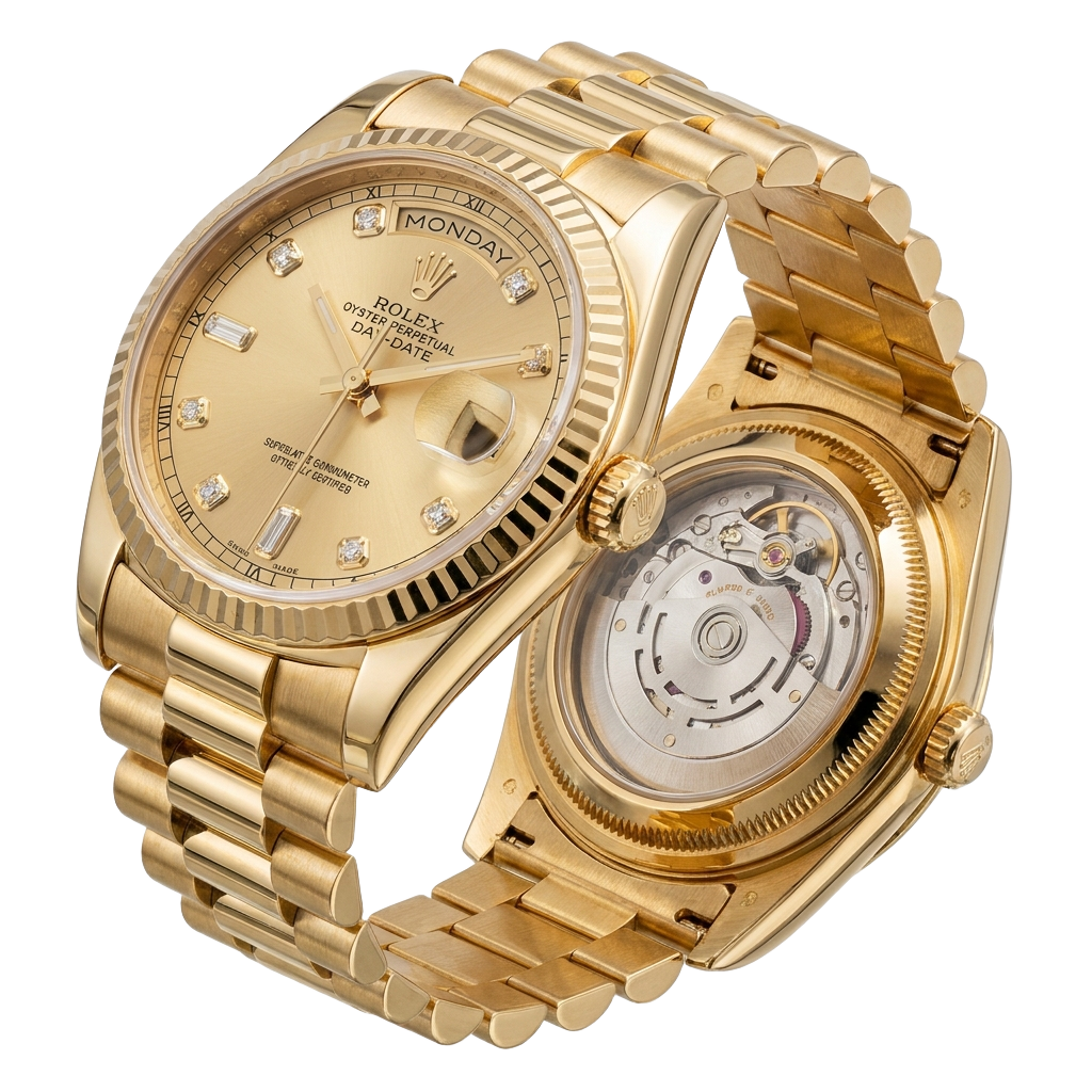 A gold rolex watch with diamonds PNG transparent background.