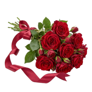A heart shaped bouquet of red roses with a red ribbon.