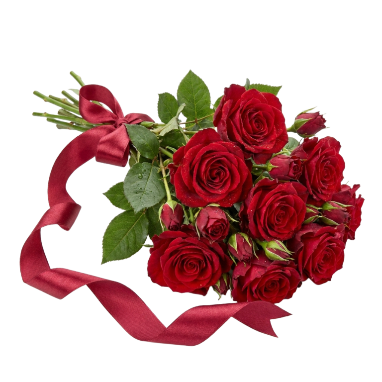 A heart shaped bouquet of red roses with a red ribbon.
