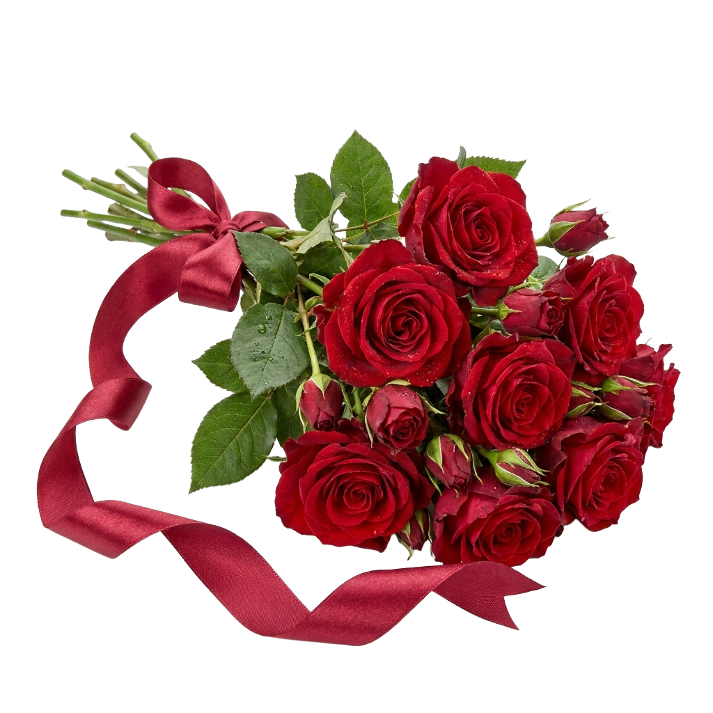 A heart shaped bouquet of red roses with a red ribbon.