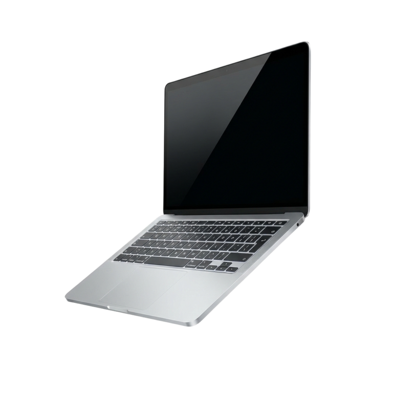 A laptop computer sitting on top of a white surface.