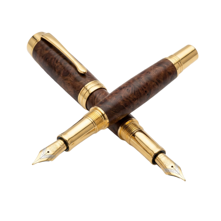 A pair of fountain pens sitting next to each other.