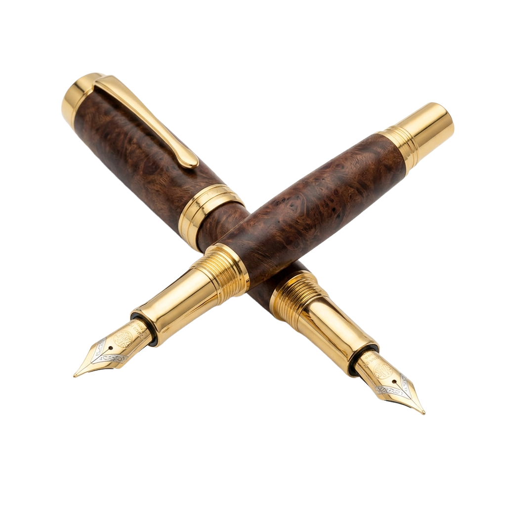 A pair of fountain pens sitting next to each other.