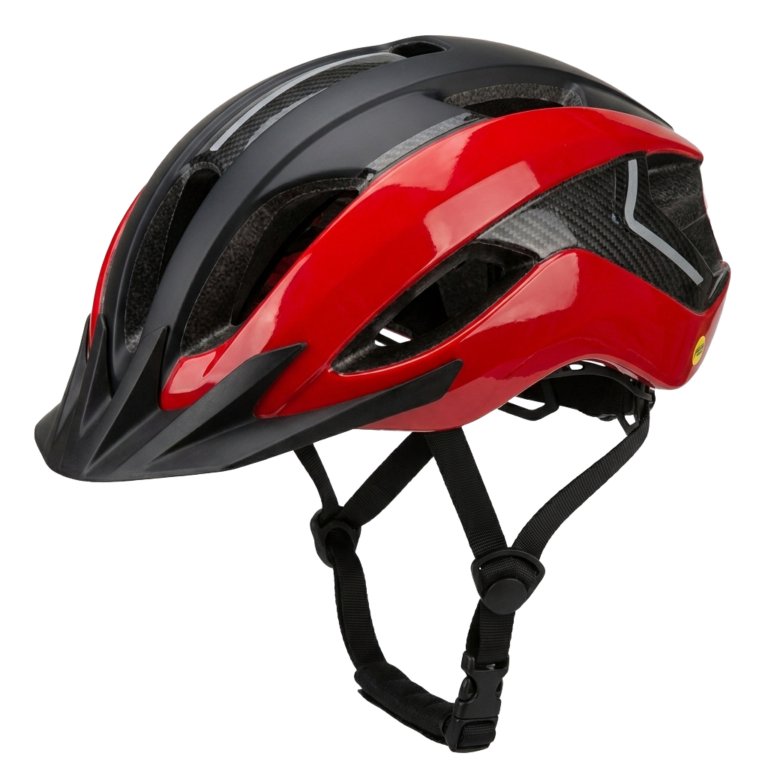 A red and black bicycle helmet PNG transparent background.