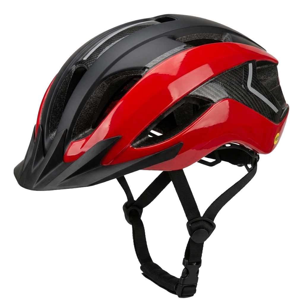 A red and black bicycle helmet PNG transparent background.