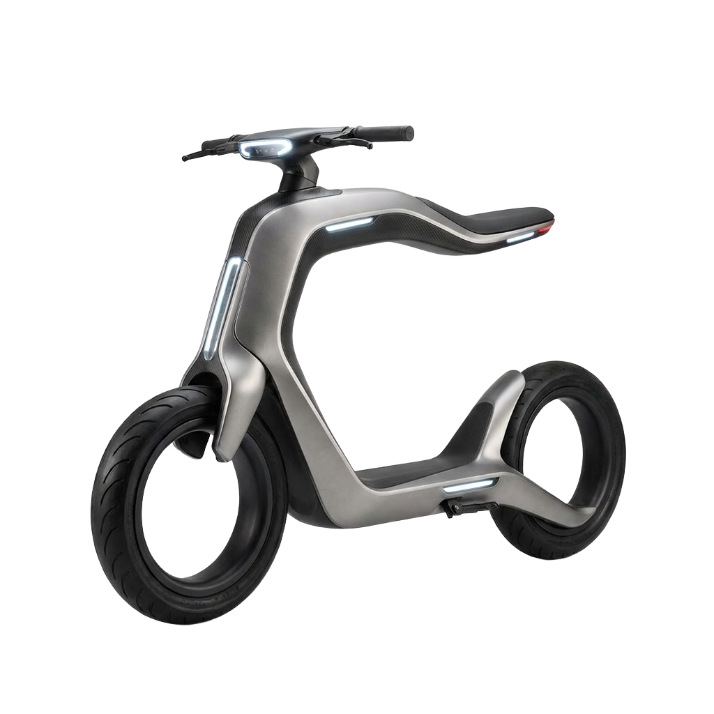 A silver and black electric scooter PNG transparent background.