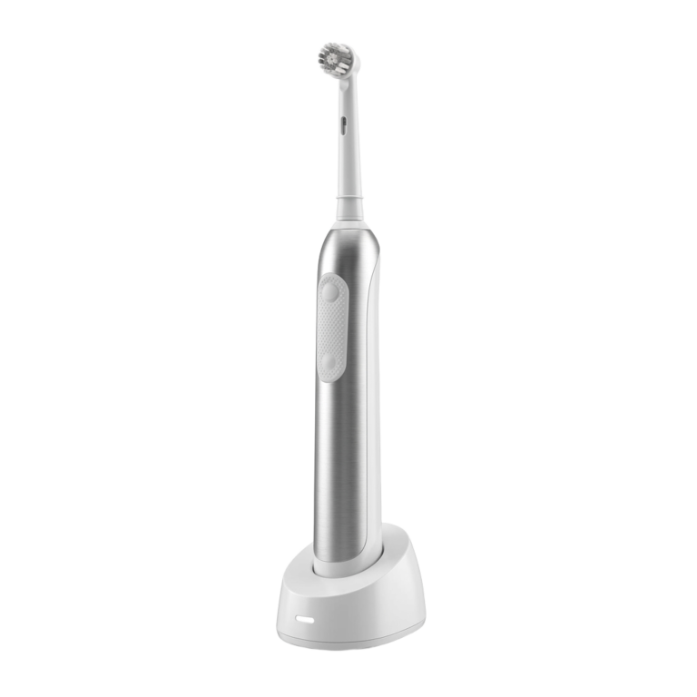 A silver and white electric toothbrush sitting on top of a stand.