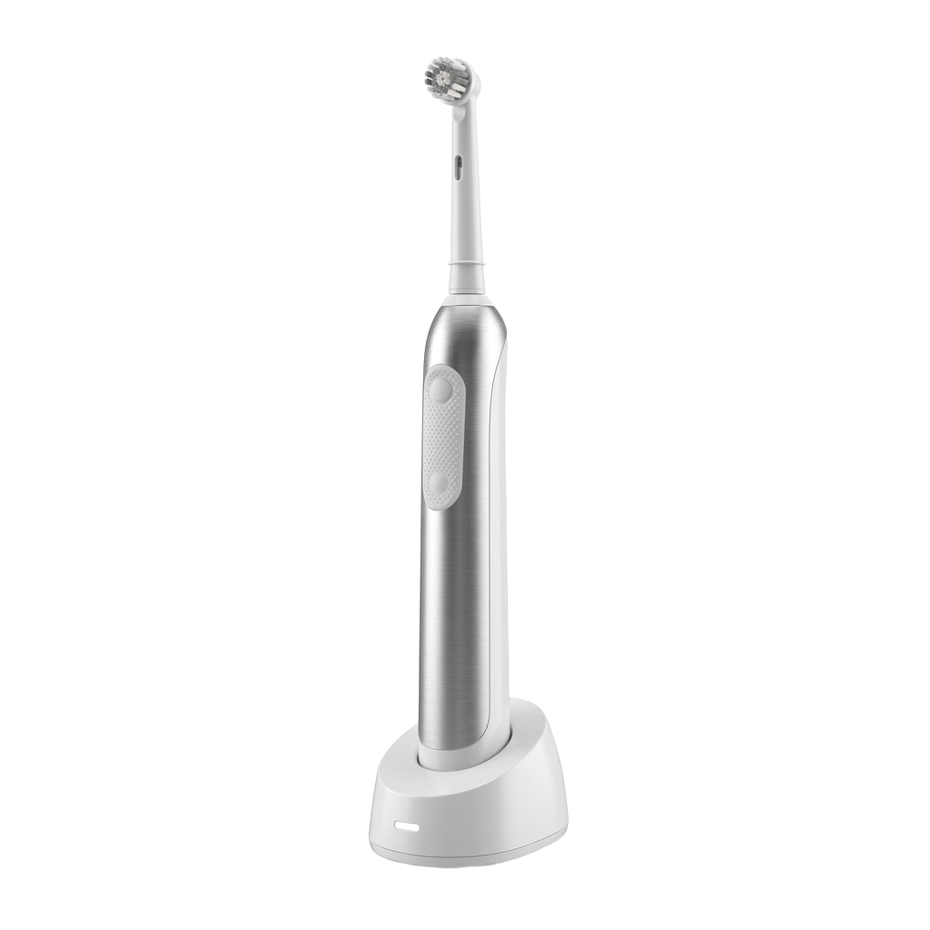 A silver and white electric toothbrush sitting on top of a stand.