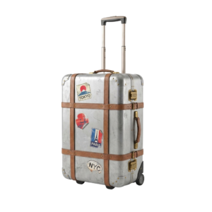 A silver suitcase with stickers on it.
