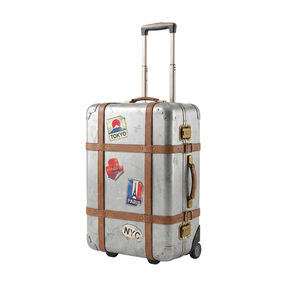 A silver suitcase with stickers on it.