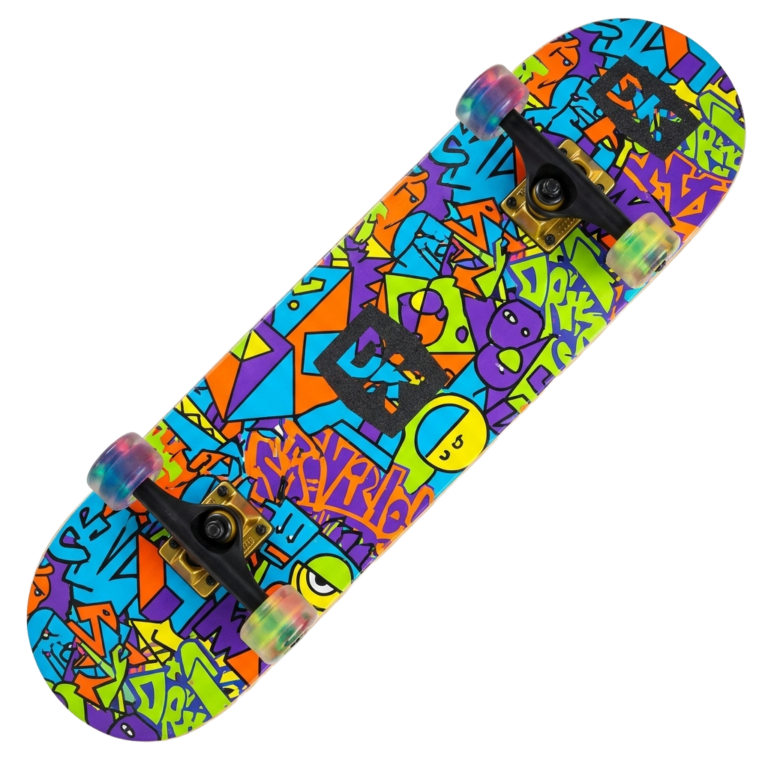 A skateboard with a colorful design on it.