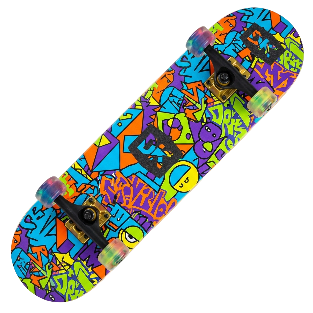 A skateboard with a colorful design on it.