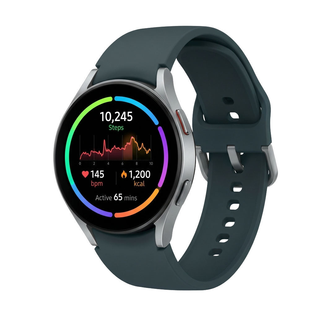 A smart watch with a heart rate monitor on the screen.