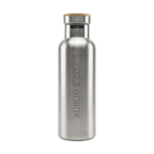 A stainless steel water bottle with a bamboo lid.
