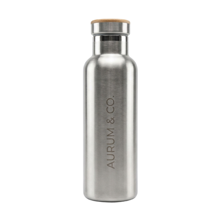 A stainless steel water bottle with a bamboo lid.