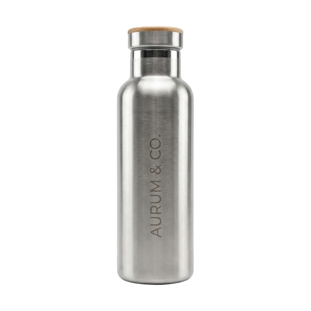 A stainless steel water bottle with a bamboo lid.
