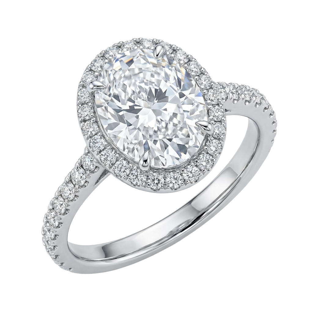 A white gold engagement ring with a halo of diamonds.