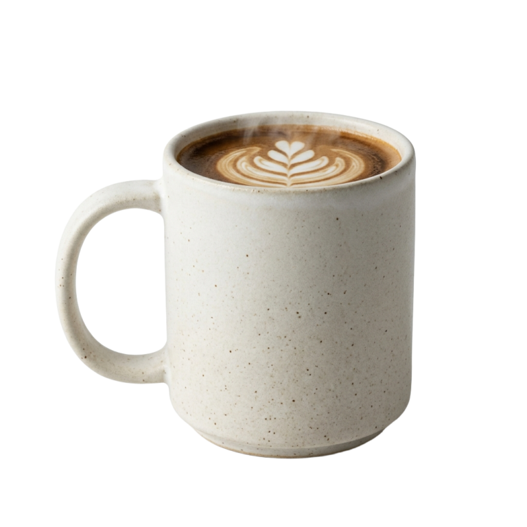 A white mug with a latte art design on it.